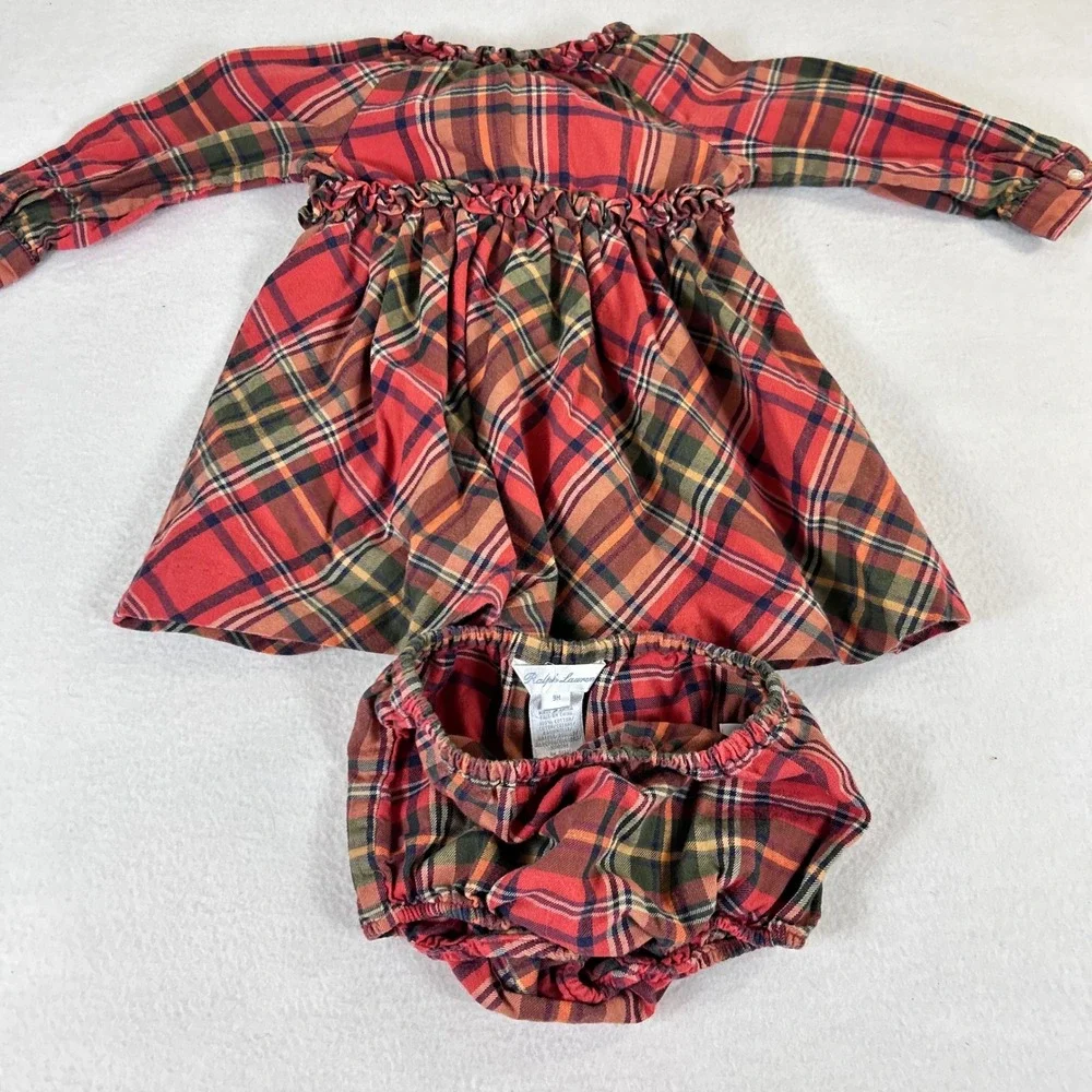 Ralph Lauren Baby Girls Red Plaid Flannel Dress and Bloomers Set 9M Holiday